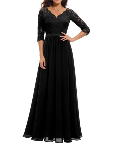 Black Half Sleeve Lace Hollow Out V Neck Pleated Mesh Evening Birthday Party Maxi Dress
