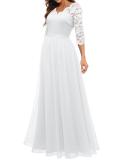 White Half Sleeve Lace Hollow Out V Neck Pleated Mesh Evening Birthday Party Maxi Dress