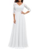 White Half Sleeve Lace Hollow Out V Neck Pleated Mesh Evening Birthday Party Maxi Dress