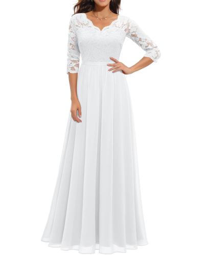 White Half Sleeve Lace Hollow Out V Neck Pleated Mesh Evening Birthday Party Maxi Dress