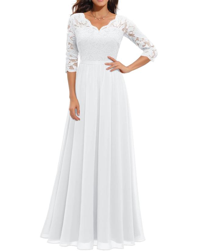 White Half Sleeve Lace Hollow Out V Neck Pleated Mesh Evening Birthday Party Maxi Dress