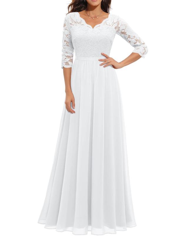 White Half Sleeve Lace Hollow Out V Neck Pleated Mesh Evening Birthday Party Maxi Dress