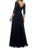 Royal Blue Half Sleeve Lace Hollow Out V Neck Pleated Mesh Evening Birthday Party Maxi Dress
