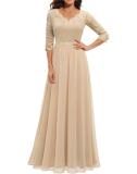 Apricot Half Sleeve Lace Hollow Out V Neck Pleated Mesh Evening Birthday Party Maxi Dress