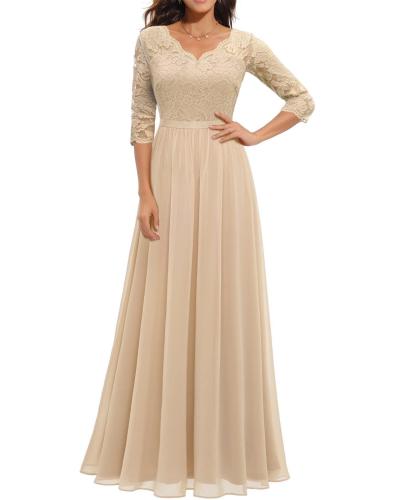 Apricot Half Sleeve Lace Hollow Out V Neck Pleated Mesh Evening Birthday Party Maxi Dress