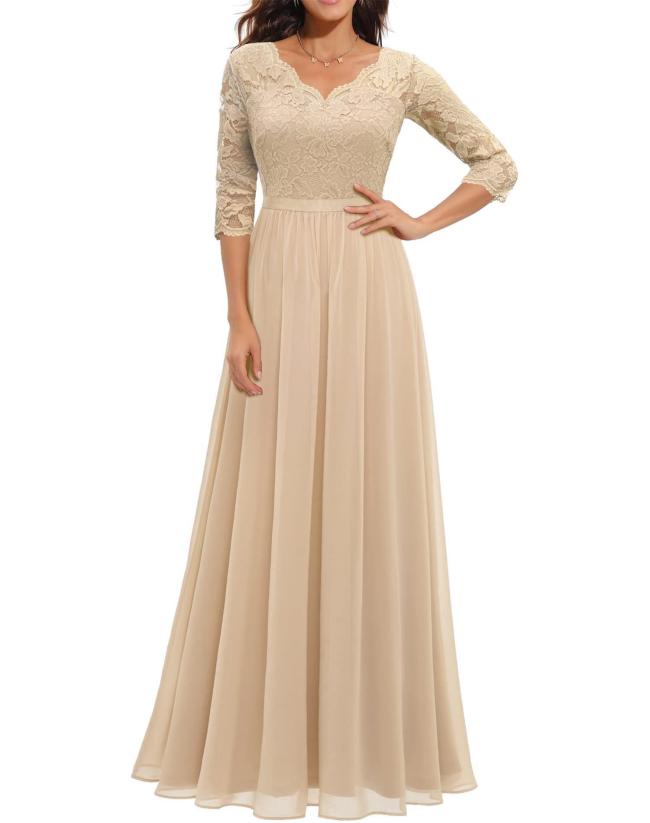 Apricot Half Sleeve Lace Hollow Out V Neck Pleated Mesh Evening Birthday Party Maxi Dress