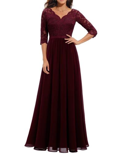 Claret Half Sleeve Lace Hollow Out V Neck Pleated Mesh Evening Birthday Party Maxi Dress