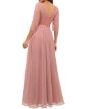 Pink Half Sleeve Lace Hollow Out V Neck Pleated Mesh Evening Birthday Party Maxi Dress