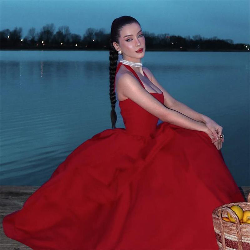 Red Straps Boat-Neck Pleated Lace Up Women Nights Club Midi Dress