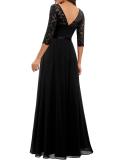 Black Half Sleeve Lace Hollow Out V Neck Pleated Mesh Evening Birthday Party Maxi Dress