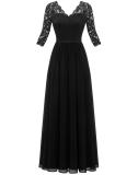 Black Half Sleeve Lace Hollow Out V Neck Pleated Mesh Evening Birthday Party Maxi Dress