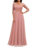Pink Half Sleeve Lace Hollow Out V Neck Pleated Mesh Evening Birthday Party Maxi Dress