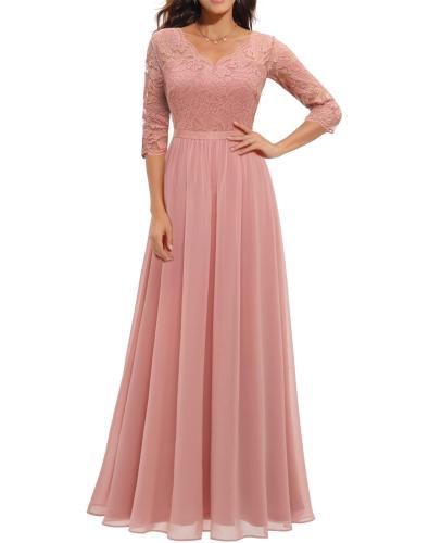 Pink Half Sleeve Lace Hollow Out V Neck Pleated Mesh Evening Birthday Party Maxi Dress