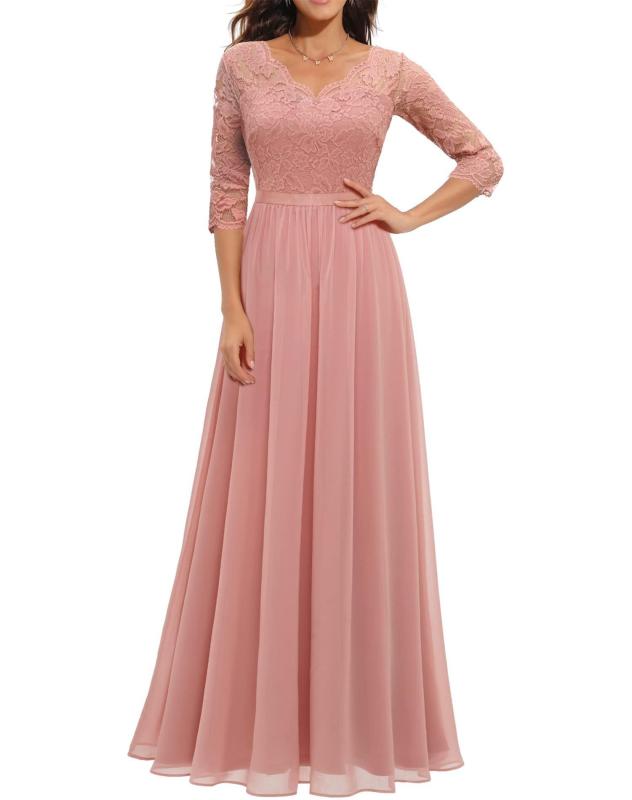 Pink Half Sleeve Lace Hollow Out V Neck Pleated Mesh Evening Birthday Party Maxi Dress