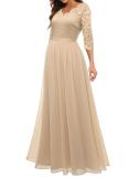 Apricot Half Sleeve Lace Hollow Out V Neck Pleated Mesh Evening Birthday Party Maxi Dress