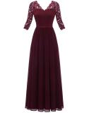 Claret Half Sleeve Lace Hollow Out V Neck Pleated Mesh Evening Birthday Party Maxi Dress