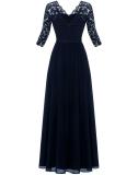 Royal Blue Half Sleeve Lace Hollow Out V Neck Pleated Mesh Evening Birthday Party Maxi Dress