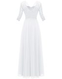 White Half Sleeve Lace Hollow Out V Neck Pleated Mesh Evening Birthday Party Maxi Dress