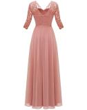 Pink Half Sleeve Lace Hollow Out V Neck Pleated Mesh Evening Birthday Party Maxi Dress