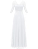 White Half Sleeve Lace Hollow Out V Neck Pleated Mesh Evening Birthday Party Maxi Dress