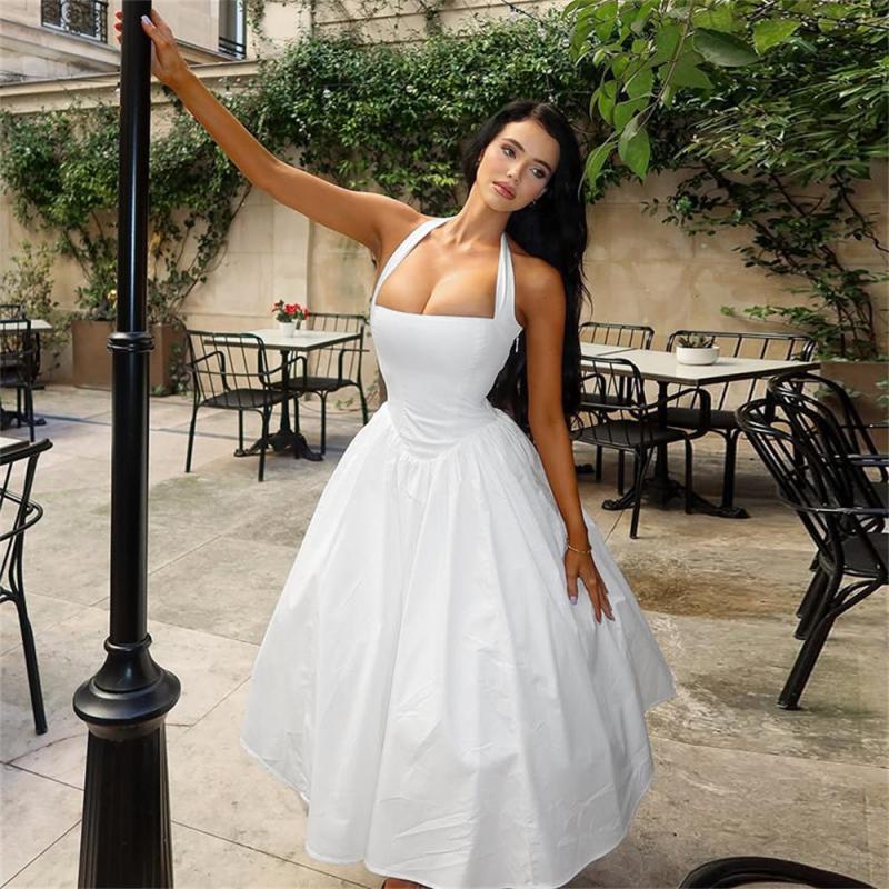 White Straps Boat-Neck Pleated Lace Up Women Nights Club Midi Dress