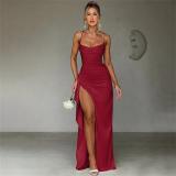 Claret Straps Low Cut V Neck High Slit Bandage Evening Party Dress