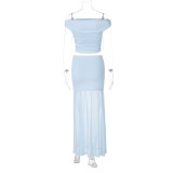 Blue Off Shoulder Two Pieces Pleated Fashion Summer Mesh Long Dress