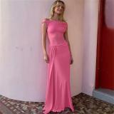 Pink Off Shoulder Mesh See Through Slim Fit Vacation Maxi Dress
