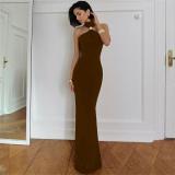 Brown Halter Neck Snatched Cut Out Women Casual Prom Dress