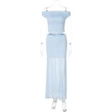 Blue Off Shoulder Two Pieces Pleated Fashion Summer Mesh Long Dress