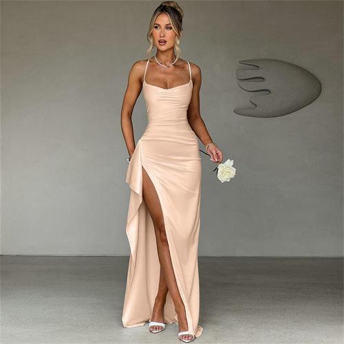 Apricot Straps Low Cut V Neck High Slit Bandage Evening Party Dress