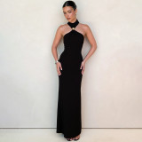 Black Halter Neck Snatched Cut Out Women Casual Prom Dress