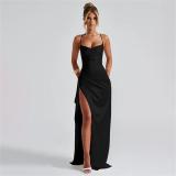 Black Straps Low Cut V Neck High Slit Bandage Evening Party Dress