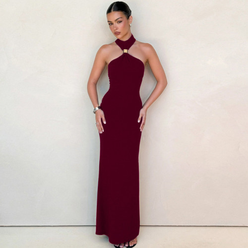 Claret Halter Neck Snatched Cut Out Women Casual Prom Dress