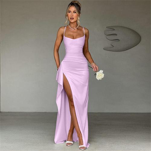 Purple Straps Low Cut V Neck High Slit Bandage Evening Party Dress
