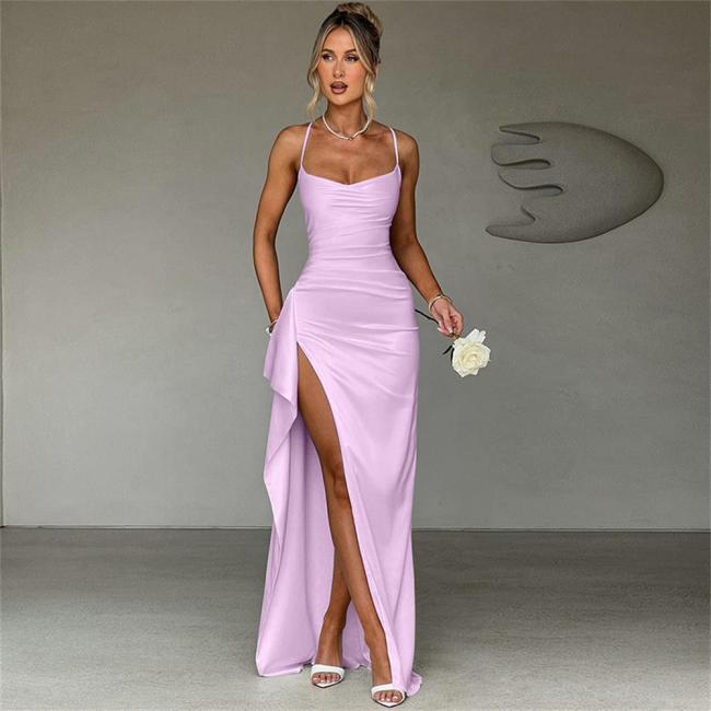 Purple Straps Low Cut V Neck High Slit Bandage Evening Party Dress