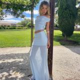 Blue Off Shoulder Two Pieces Pleated Fashion Summer Mesh Long Dress