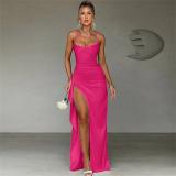 Rose Red Straps Low Cut V Neck High Slit Bandage Evening Party Dress