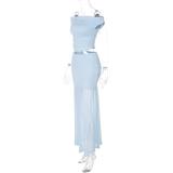 Blue Off Shoulder Two Pieces Pleated Fashion Summer Mesh Long Dress