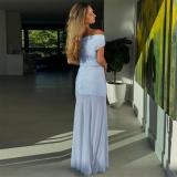 Blue Off Shoulder Two Pieces Pleated Fashion Summer Mesh Long Dress