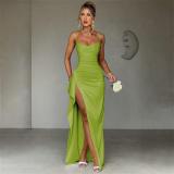 Green Straps Low Cut V Neck High Slit Bandage Evening Party Dress