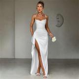 White Straps Low Cut V Neck High Slit Bandage Evening Party Dress