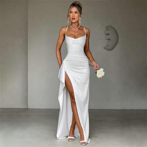 White Straps Low Cut V Neck High Slit Bandage Evening Party Dress