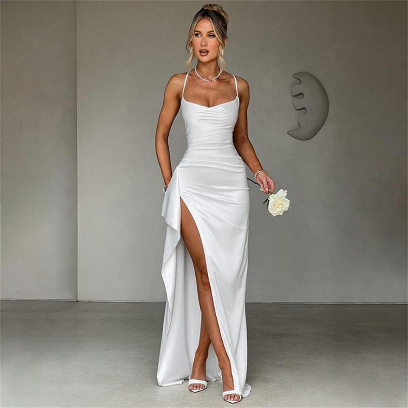 White Straps Low Cut V Neck High Slit Bandage Evening Party Dress
