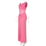 Pink Off Shoulder Mesh See Through Slim Fit Vacation Maxi Dress