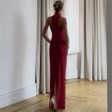 Claret Halter Neck Snatched Cut Out Women Casual Prom Dress