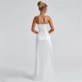 White Straps Low Cut V Neck High Slit Bandage Evening Party Dress