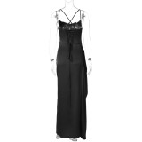 Black Straps Low Cut V Neck High Slit Bandage Evening Party Dress