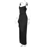 Black Straps Low Cut V Neck High Slit Bandage Evening Party Dress