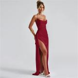 Claret Straps Low Cut V Neck High Slit Bandage Evening Party Dress